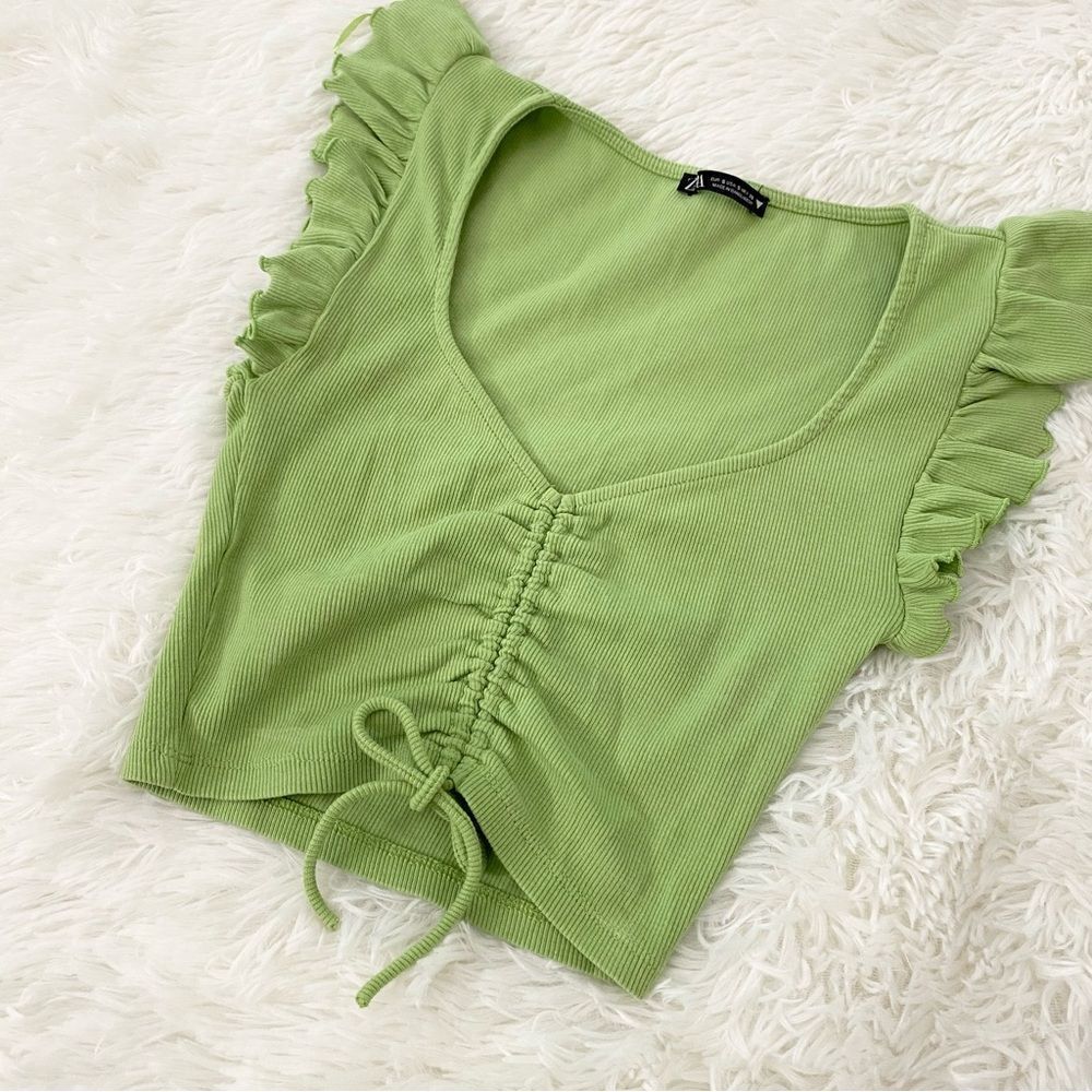 Zara Light Green Ruched Ruffle Crop Top